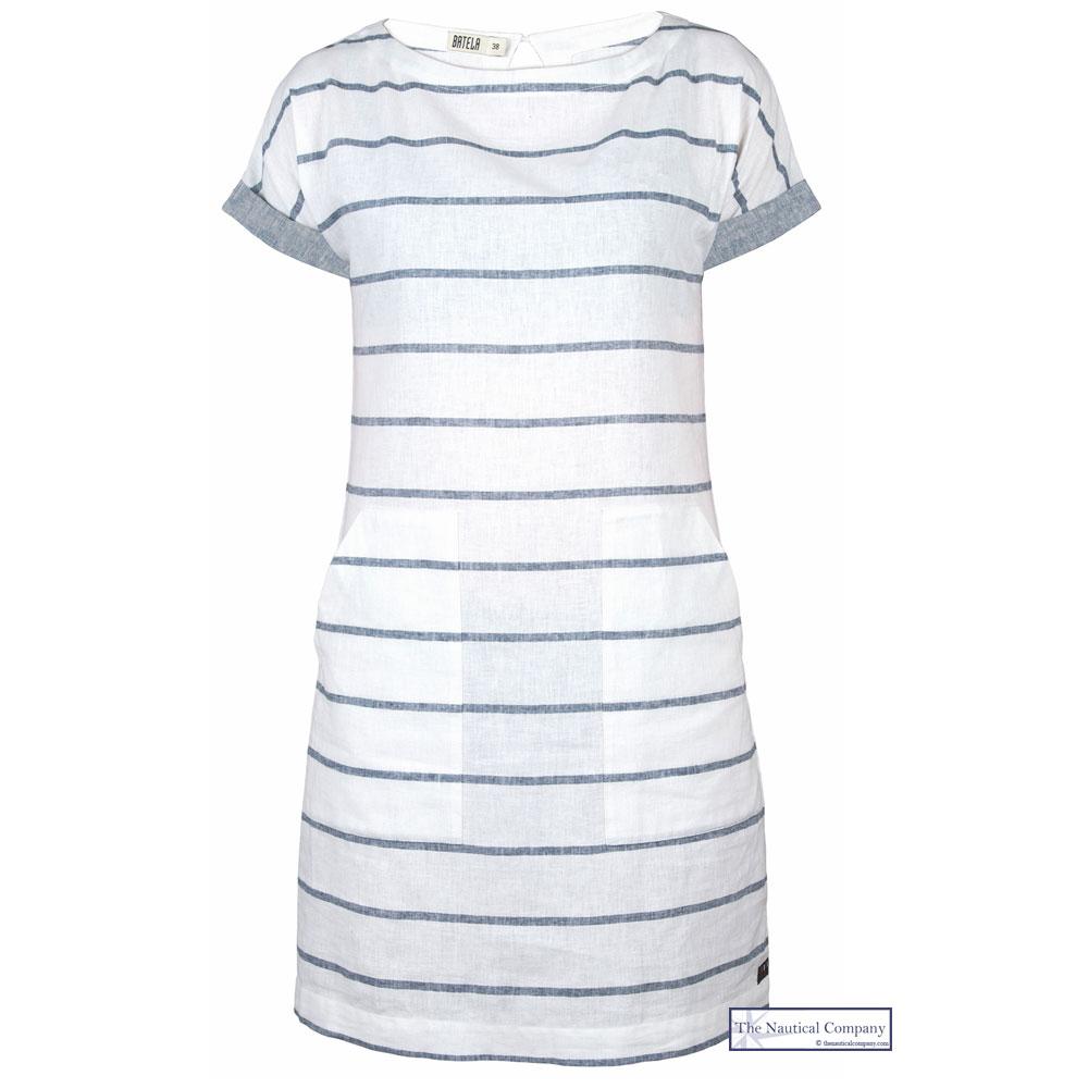 Women's Short Sleeve Linen Dress, Stripy White - Summer Seaside Outfit