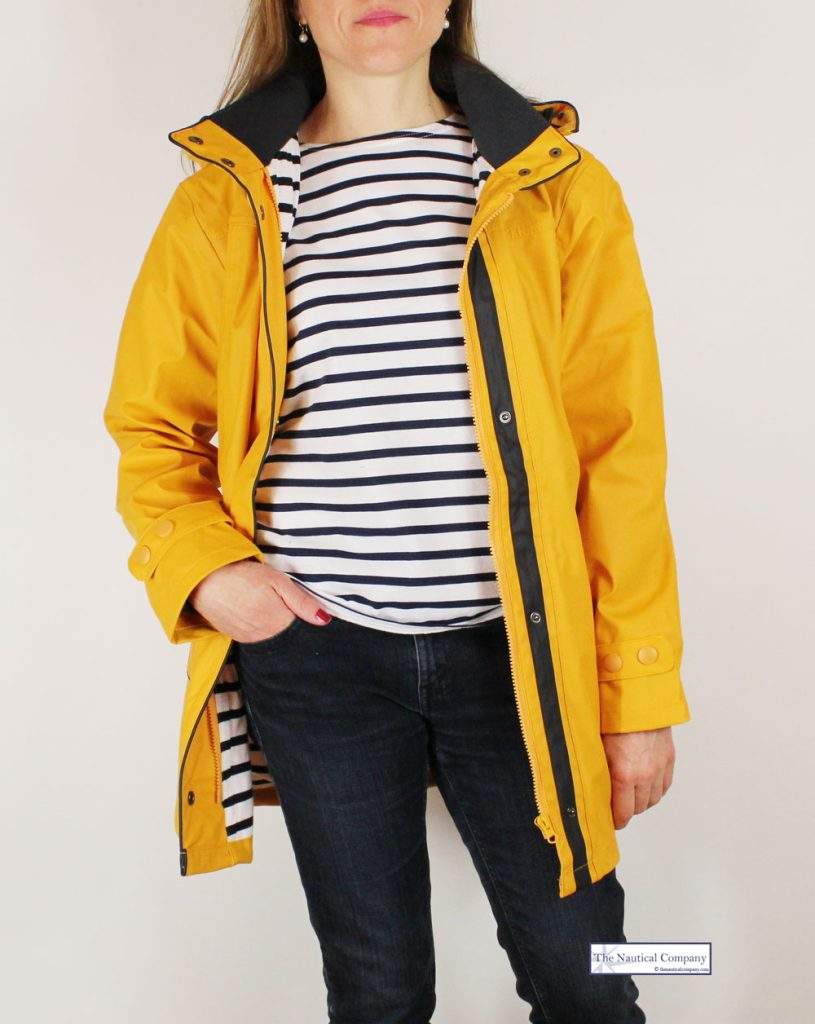 women yellow raincoat with detachable hood and striped lining