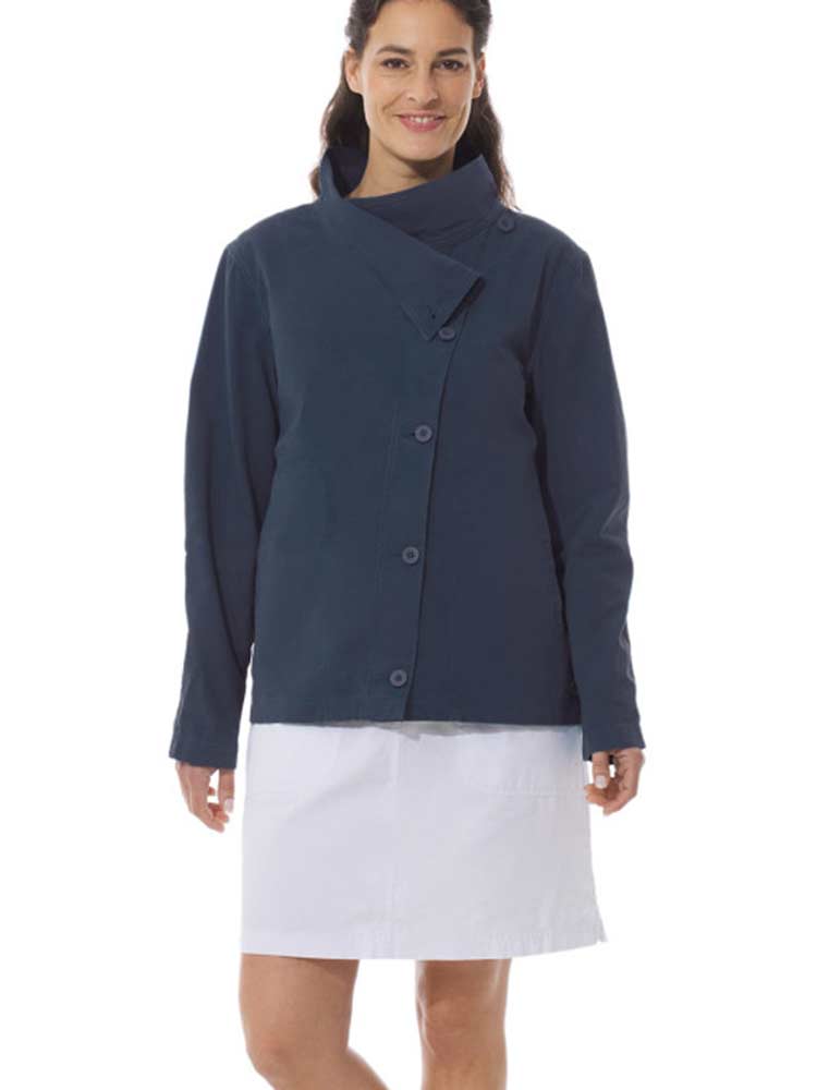 Women Cross Folded Funnel Neck Cotton Jacket, Navy Blue