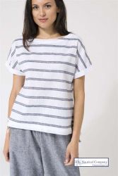 Women's Short Sleeve Linen Top, White/Grey