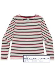Women's Striped Breton Top, Lightweight Organic Cotton, Long Sleeves, Cream/Navy/Red