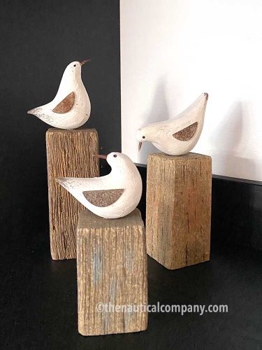 Family of 3 Hand Carved Wooden Birds on Blocks