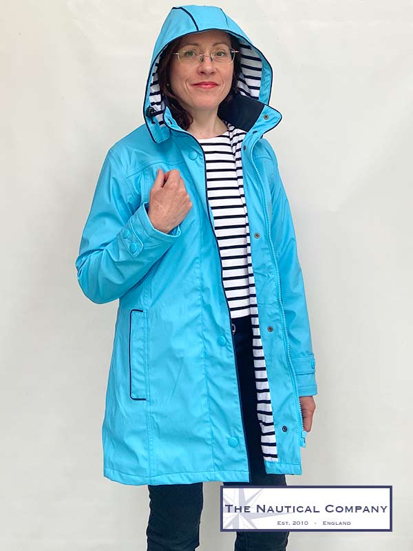 Ladies' Hooded Raincoat, Turquoise Blue, Striped Lined - THE NAUTICAL ...