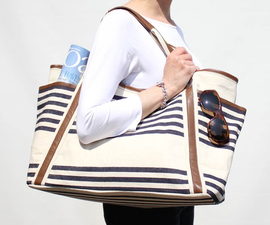 Large Beach Bag, Nautical Striped, Cream/Navy Blue Canvas, Leather ...